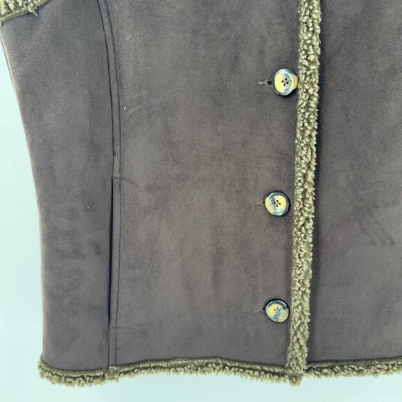 Vintage L.L. Bean Brown Faux Suede Sherpa Lined Vest Button Front Size M Cozy - Picture 7 of 8